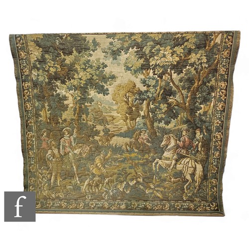 460 - A large mid 20th Century tapestry with Medieval style riders on horse back within a landscape, batte... 