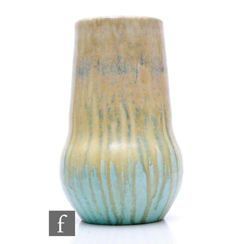 107 - Ruskin Pottery - A large 1930s pottery vase of low shouldered form with tapered collar neck, decorat... 