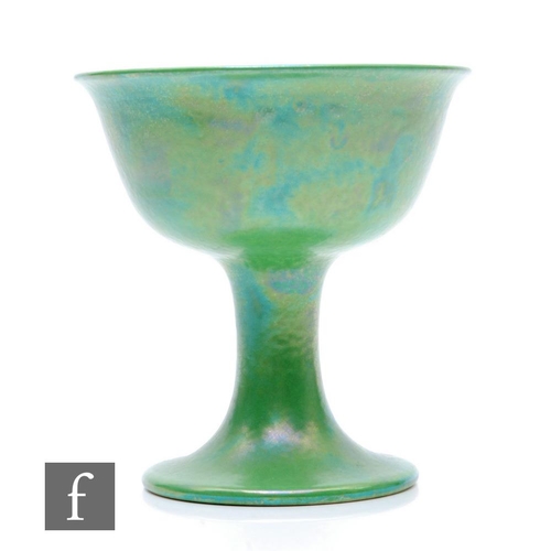 117 - Ruskin Pottery - A 1920s pottery chalice, the circular foot rising to a slender stem with circular l... 