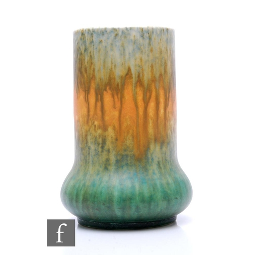 147 - Ruskin Pottery - A 1930s 'Elephants Foot' vase of low shouldered form with tall cylindrical collar n... 