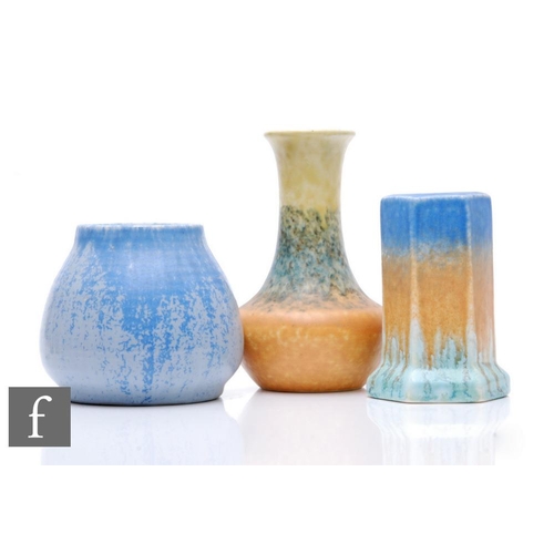 152 - Ruskin Pottery - A group of three 1930s pottery vases to include a low shouldered example, ovoid exa... 