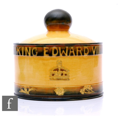 178 - William Moorcroft - Edward VIII Coronation - A tobacco jar and cover, 1937, cylindrical drum form, i... 