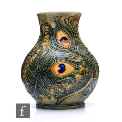 186 - Rachel Bishop - Moorcroft Pottery - Peacock Feather - A vase of shouldered ovoid form tube line deco... 