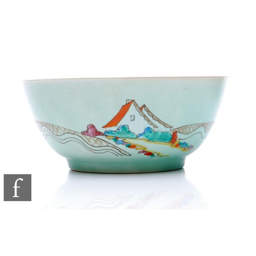 198 - Clarice Cliff - Chalet - A Havre shape fruit bowl circa 1936, hand painted with a stylised cottage l... 