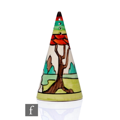 207 - Clarice Cliff - Limberlost - A conical sugar sifter circa 1934, hand painted with a stylised tree la... 