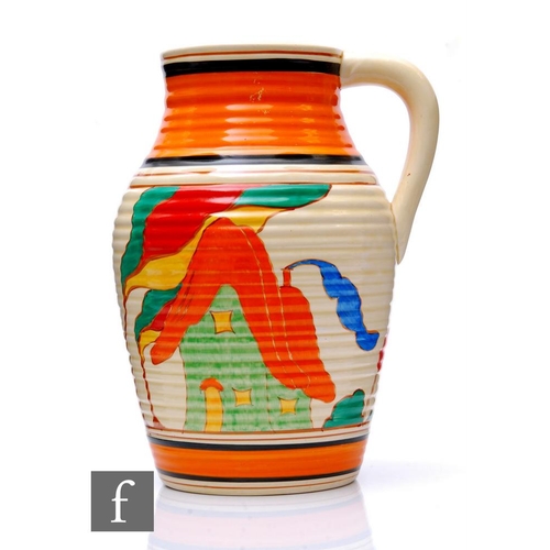 209 - Clarice Cliff - Green House - A single handled Lotus Jug circa 1931, hand painted with a stylised ho... 