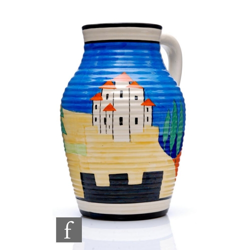 210 - Clarice Cliff - Applique Lucerne - A single handled Lotus Jug circa 1930, hand painted with a stylis... 