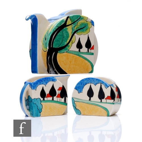 215 - Clarice Cliff - May Avenue - A Stamford shape teapot, milk and sugar circa 1933, hand painted with a... 