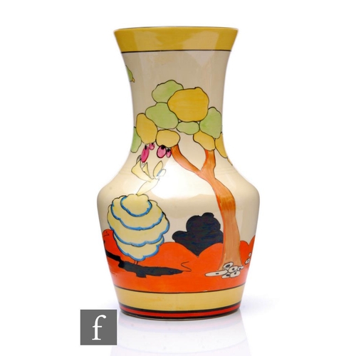 216 - Clarice Cliff - Applique Idyll - A large shape 385 'Mallet' vase circa 1930, hand painted with a Cri... 