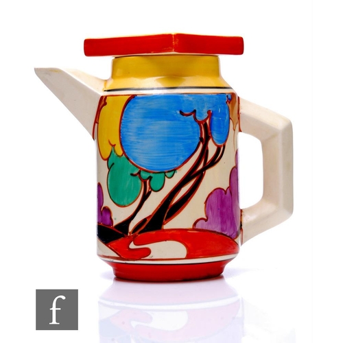 217 - Clarice Cliff - Blue Autumn - A small size Eton coffee pot of cylindrical form with angular handle a... 