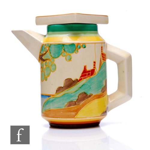 218 - Clarice Cliff - Secrets - A small size Eton coffee pot of cylindrical form with angular handle and s... 