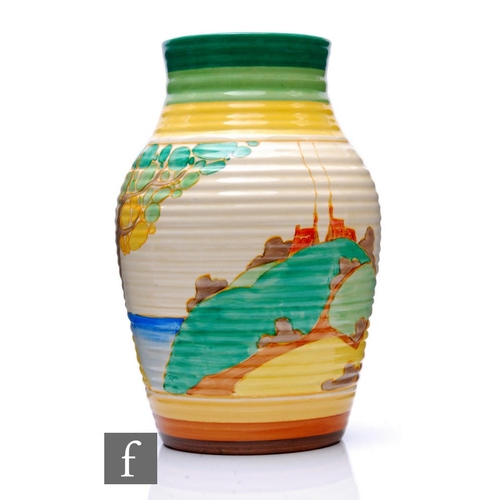 223 - Clarice Cliff - Secrets - A large Isis vase circa 1933, hand painted with a stylised tree and cottag... 