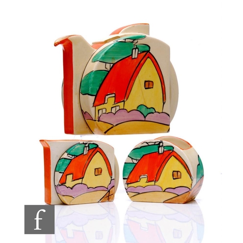 225 - Clarice Cliff - Orange Roof Cottage - A Stamford shape trio circa 1932, comprising teapot, milk and ... 