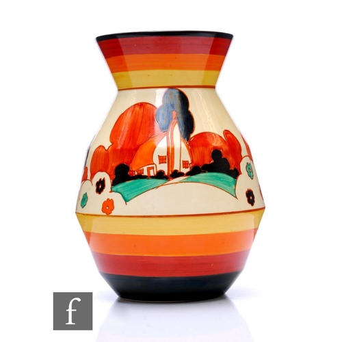 227 - Clarice Cliff - Farmhouse - A shape 360 vase circa 1932, hand painted with a stylised cottage landsc... 