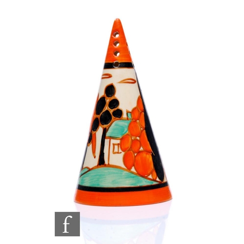 235 - Clarice Cliff - Orange Trees & House - A conical sugar sifter circa 1930, hand painted with a st... 