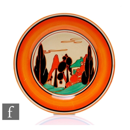 238 - Clarice Cliff - Orange Trees & House - A circular side plate circa 1931, hand painted with a sty... 