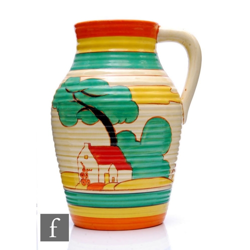 243 - Clarice Cliff - Red Roofs - A single handled Lotus jug circa 1931, hand painted with a stylised tree... 