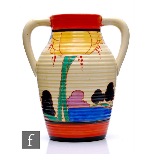 245 - Clarice Cliff - Summerhouse - A double handled Lotus jug circa 1932, hand painted with a stylised ga... 