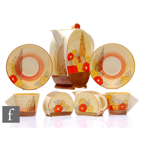 253 - Clarice Cliff - Capri - A part coffee set circa 1934, to comprise coffee pot, milk, sugar, two cups ... 