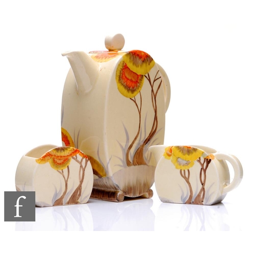 254 - Clarice Cliff - Rhodanthe - A Bon Jour coffee pot, milk and sugar circa 1934, hand painted with a st... 