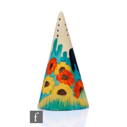 261 - Clarice Cliff - Sandon - A conical sugar sifter circa 1934, hand painted with a stylised garden scen... 