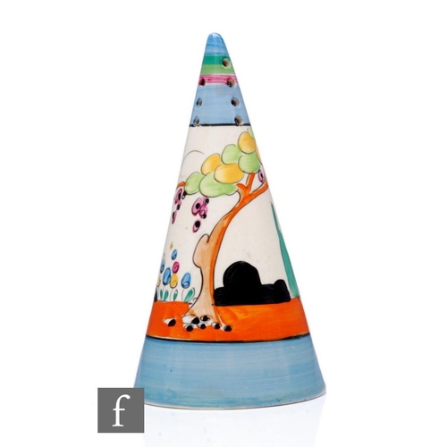 265 - Clarice Cliff - Tulips - A conical sugar sifter circa 1933, hand painted with a stylised garden scen... 