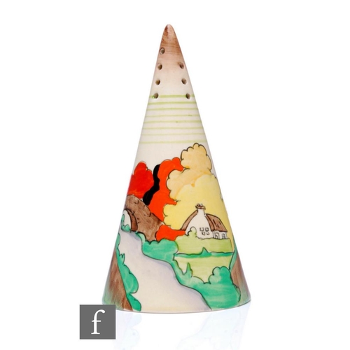 266 - Clarice Cliff - Lorna - A conical sugar sifter circa 1936, hand painted with a river side cottage la... 