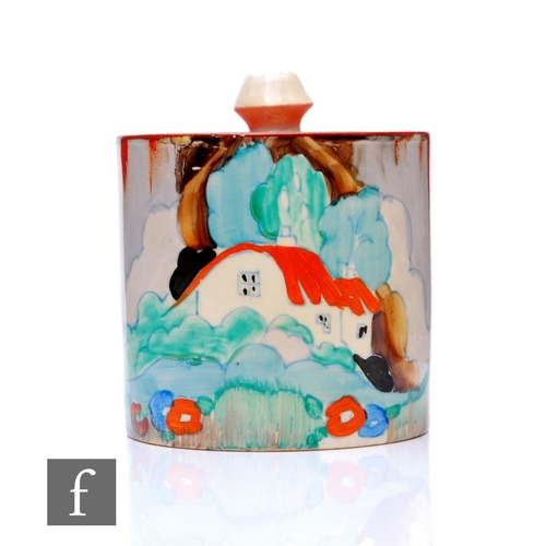 277 - Clarice Cliff - Forest Glen - A drum form preserve circa 1936, hand painted with a stylised cottage ... 