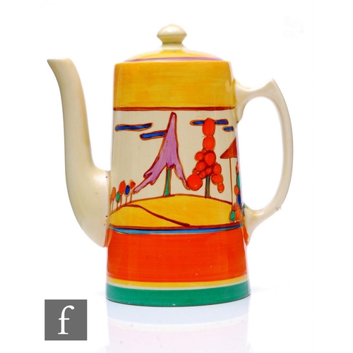 279 - Clarice Cliff - Seven Colour Trees & House - A Tankard shape coffee pot circa 1930, hand painted... 