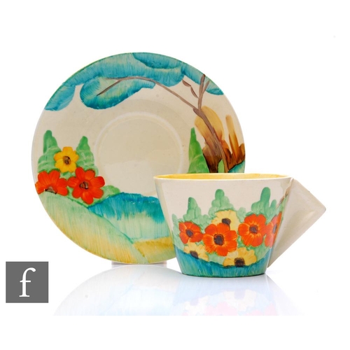 288 - Clarice Cliff - Sandon - A Conical shape teacup and saucer circa 1935, hand painted with a stylised ... 