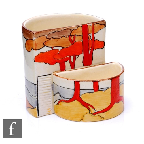 290 - Clarice Cliff - Coral Firs - A shape 463 cigarette and match holder circa 1933, hand painted with a ... 