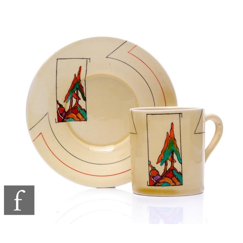 298 - Clarice Cliff - Norge - A tankard shape coffee can and saucer circa 1930, transfer printed and paint... 