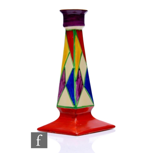 313 - Clarice Cliff - Original Bizarre - An Elton shape candlestick circa 1928, hand painted with interloc... 