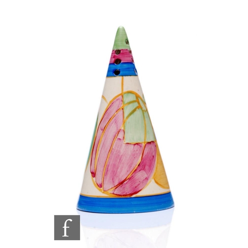 317 - Clarice Cliff - Pastel Melon - A conical sugar sifter circa 1932, hand painted with a band of geomet... 