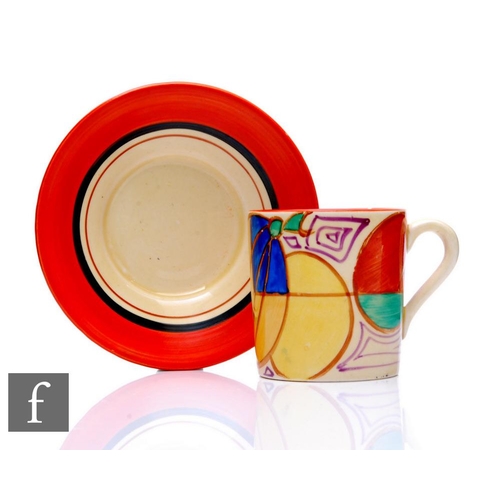 321 - Clarice Cliff - Melon (Red) - A Tankard shape coffee can and saucer circa 1930, hand painted with ab... 