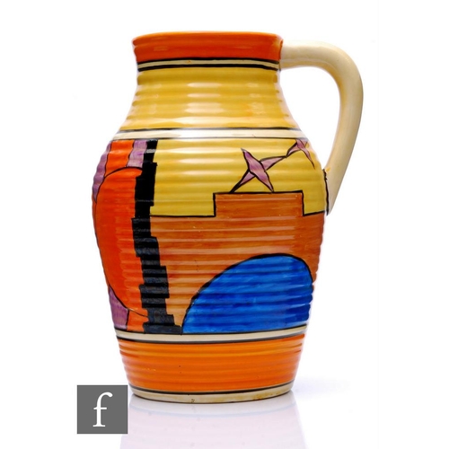 328 - Clarice Cliff - Sunray - A single handled Lotus jug circa 1930, hand painted with an abstract city s... 