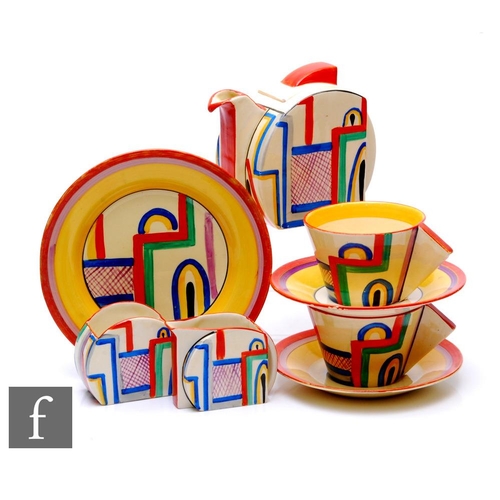 Clarice Cliff - Tennis - A matched Stamford shape early morning breakfast set circa 1930, comprising teapot, milk, sugar, two cups, two saucers and a side plate, all hand painted with an abstract line design with net motif and red, pink and yellow banding, Bizarre mark.