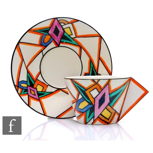 341 - Clarice Cliff - Latona Stained Glass - A Conical tea cup and saucer circa 1930, hand painted with ab... 