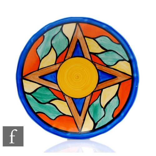 345 - Clarice Cliff - Double V variant - A circular wave edged plate circa 1928, hand painted with a styli... 