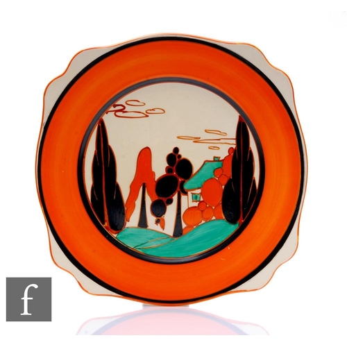 348 - Clarice Cliff - Orange Trees & House - A large Leda shape plate circa 1930, hand painted with a ... 