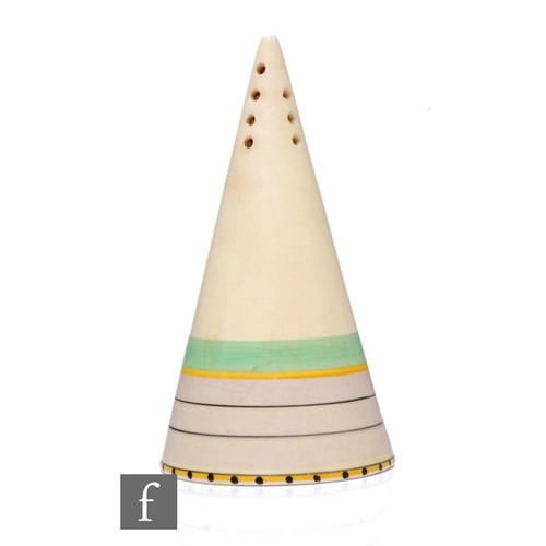 350 - Clarice Cliff - Banded - A conical sugar shaker circa 1936, hand decorated with green, yellow, grey ... 