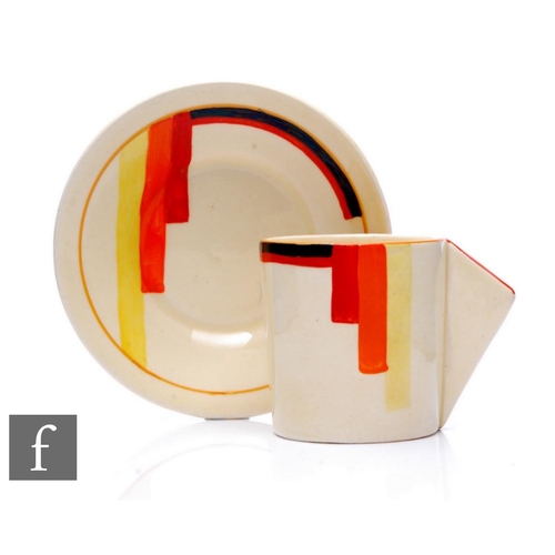 360 - Clarice Cliff - Stepped Blocks - A Conical shape coffee can and saucer circa 1928, hand painted in b... 