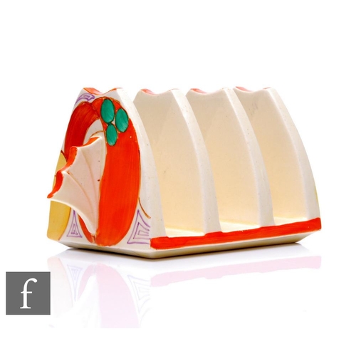 362 - Clarice Cliff - Melon - A large Daffodil shape four bar toast rack circa 1930, hand painted to each ... 