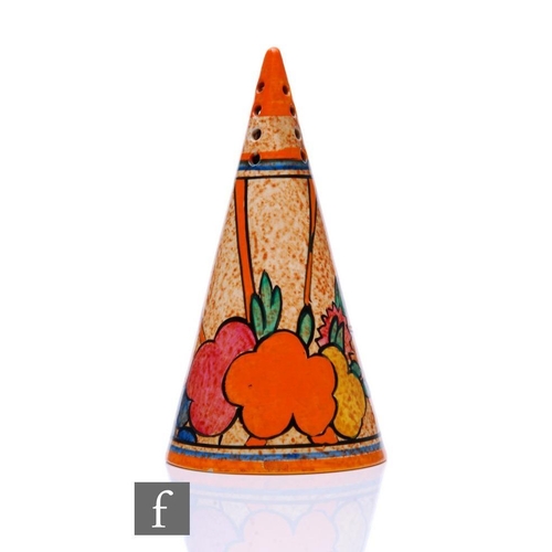 391 - Clarice Cliff - Fruitburst Cafe Au Lait - A conical sugar sifter circa 1931, hand painted with styli... 