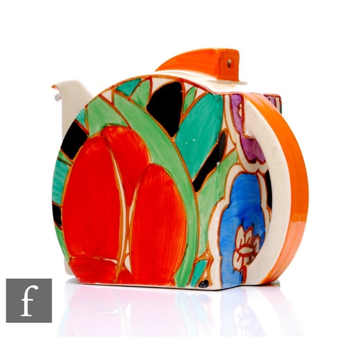 392 - Clarice Cliff - Red Gardenia - A Stamford shape teapot circa 1931, hand painted with stylised flower... 