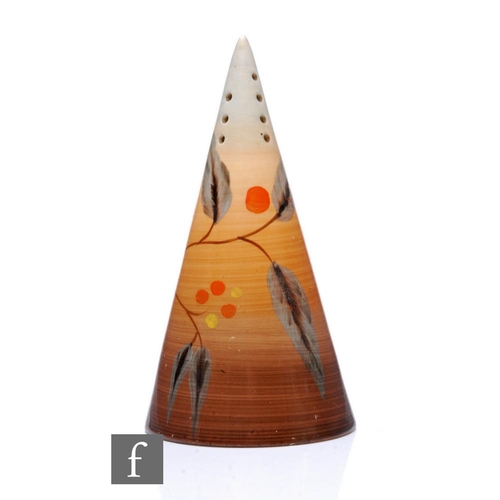 399 - Clarice Cliff - Kelverne (Brown) - A conical sugar sifter circa 1936, hand painted with a stylised l... 