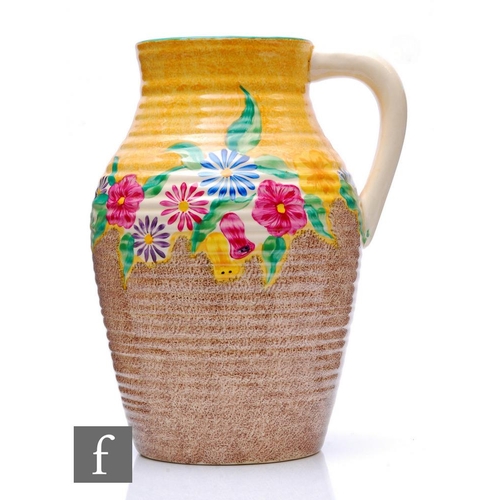 400 - Clarice Cliff - Petunia - A single handled Lotus jug circa 1933, hand painted with a band of stylise... 