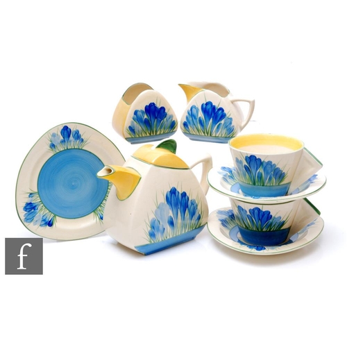 412 - Clarice Cliff - Blue Crocus - A Trieste shape early morning breakfast service circa 1933, comprising... 