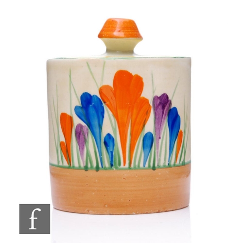 415 - Clarice Cliff - Crocus - A size 2 drum shaped preserve circa 1930, hand painted with Crocus sprays w... 