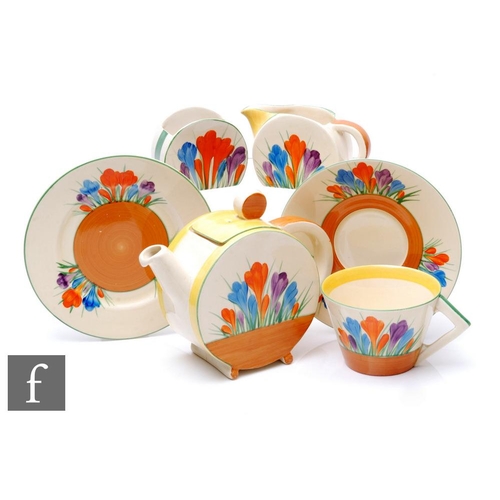 420 - Clarice Cliff - Crocus - A Bon Jour shape early morning Bachelor set circa 1940, comprising teapot, ... 